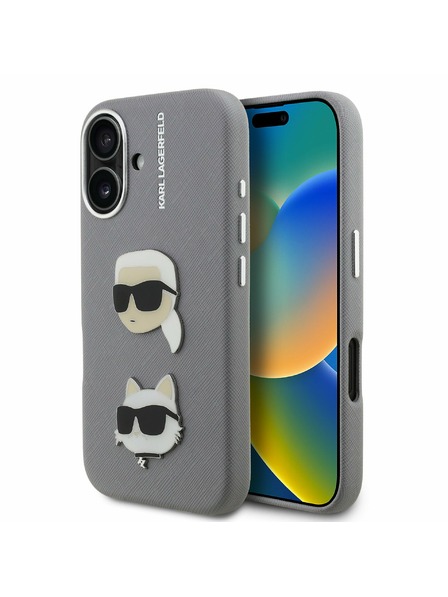 Karl Lagerfeld Karl Lagerfeld Grained PU K&CH Heads Carcasă Spate pentru iPhone 16 Gri