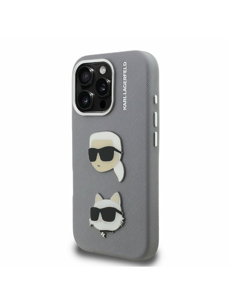 Karl Lagerfeld Karl Lagerfeld Grained PU K&CH Heads Carcasă Spate pentru iPhone 16 Pro Gri
