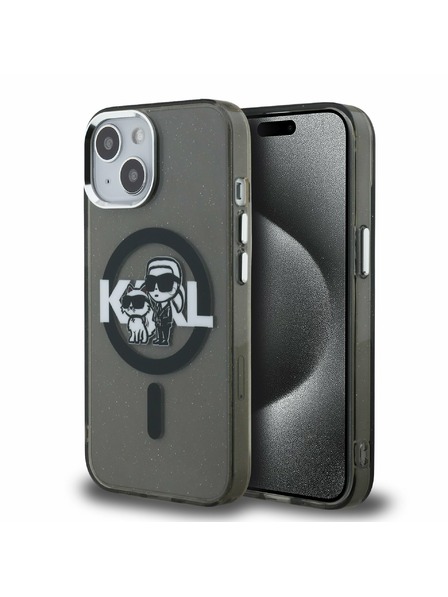 Karl Lagerfeld Karl Lagerfeld IML Glitter Karl and Choupette Sketch MagSafe Carcasă Spate pentru iPhone 15 Negru