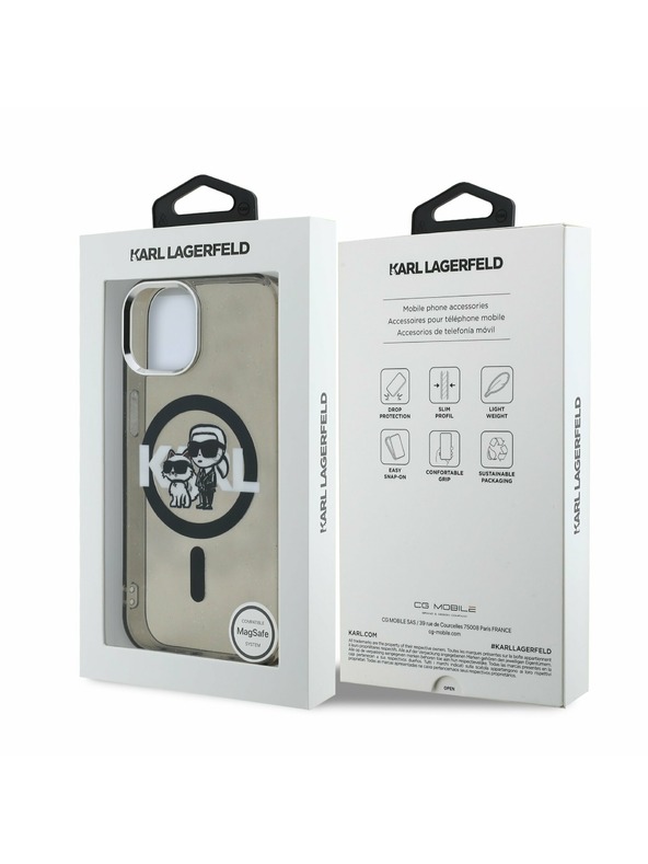 Karl Lagerfeld Karl Lagerfeld IML Glitter Karl and Choupette Sketch MagSafe Carcasă Spate pentru iPhone 15 Negru