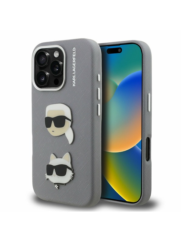 Karl Lagerfeld Karl Lagerfeld Piele granulată PU K&CH Heads Carcasă spate pentru iPhone 16 Pro Max Grey
