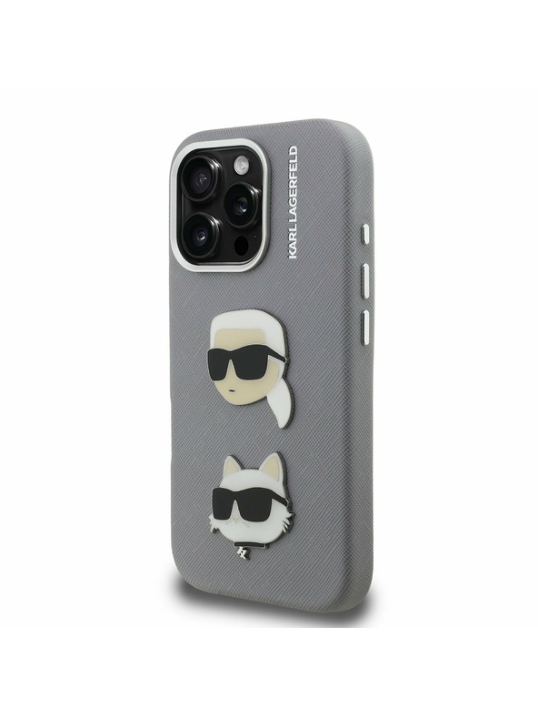 Karl Lagerfeld Karl Lagerfeld Piele granulată PU K&CH Heads Carcasă spate pentru iPhone 16 Pro Max Grey