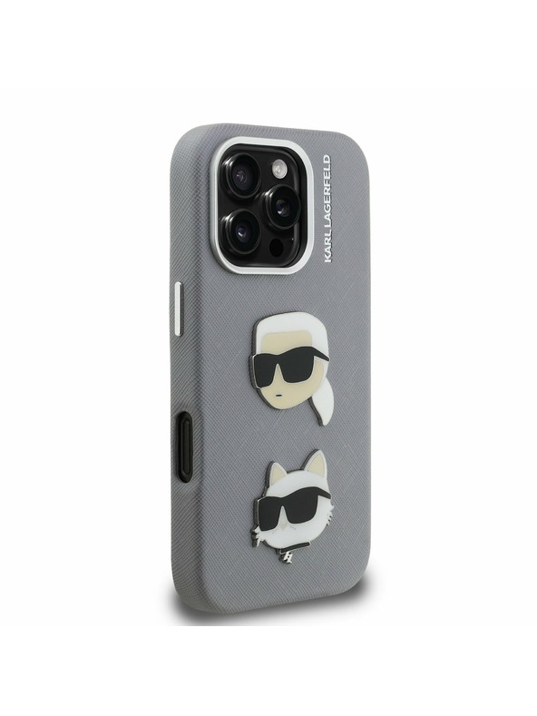 Karl Lagerfeld Karl Lagerfeld Piele granulată PU K&CH Heads Carcasă spate pentru iPhone 16 Pro Max Grey