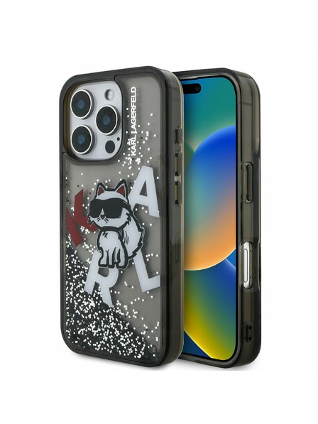 Karl Lagerfeld Karl Lagerfeld Lichid Sclipici Choupette împrăștiat Carcasă spate pentru iPhone 16 Pro Max Black