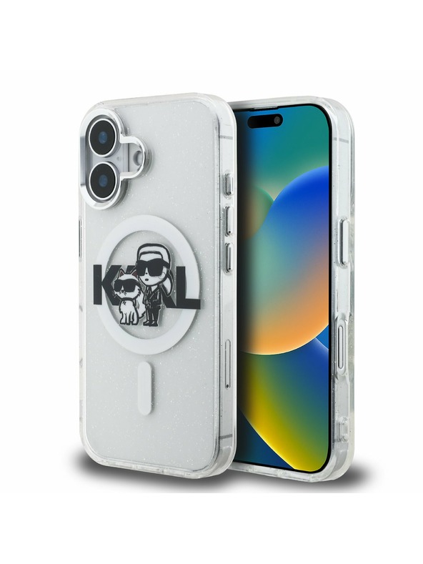 Karl Lagerfeld Karl Lagerfeld IML Sclipici Karl and Choupette Sketch MagSafe Carcasă spate pentru iPhone 16 Transparent