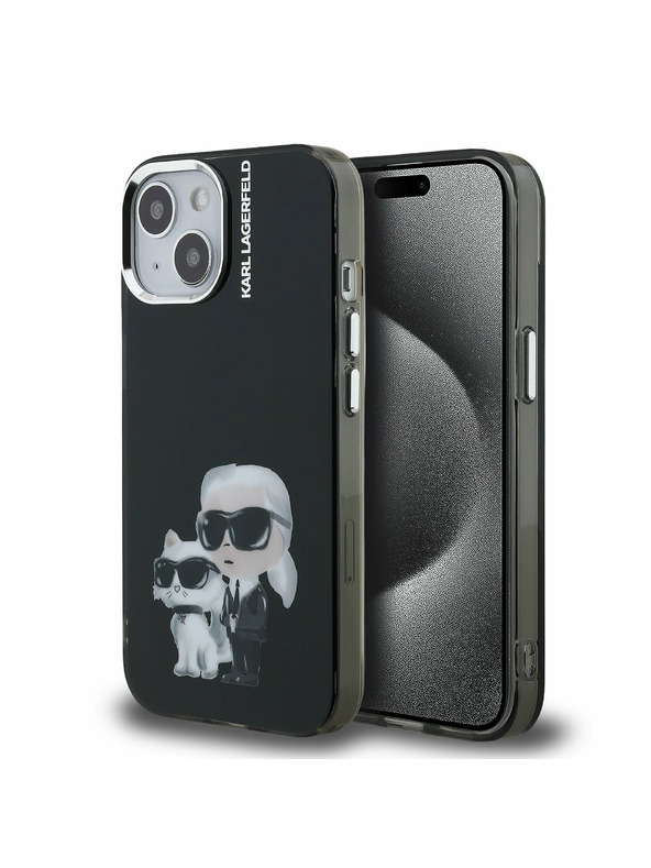 Karl Lagerfeld Carcasă spate Karl Lagerfeld IML Aquarelle Karl and Choupette pentru iPhone 15 Negru