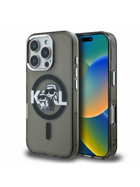 Karl Lagerfeld Carcasă spate Karl Lagerfeld IML Glitter Karl and Choupette Sketch MagSafe pentru iPhone 16 Pro Negru