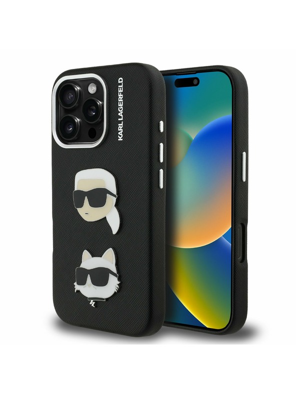 Karl Lagerfeld Carcasă spate Karl Lagerfeld Grained PU K&CH Heads pentru iPhone 16 Pro Max Negru