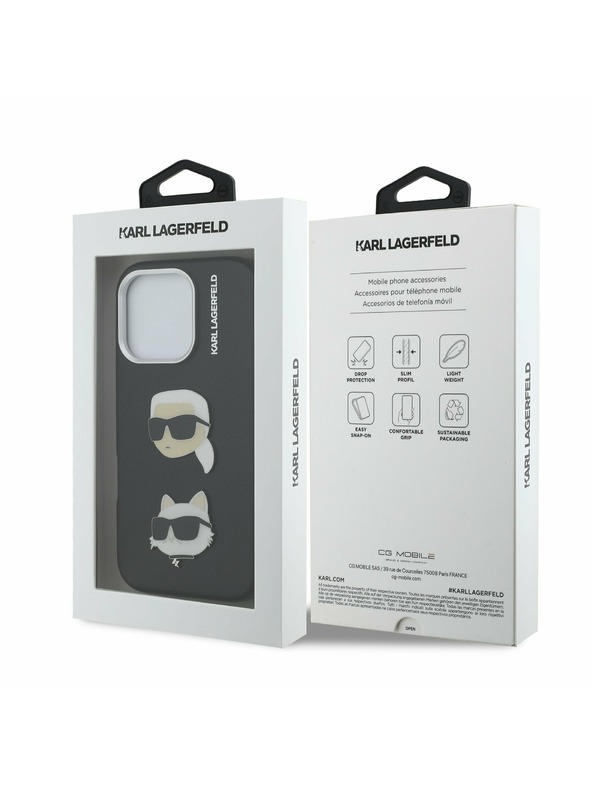 Karl Lagerfeld Carcasă spate Karl Lagerfeld Grained PU K&CH Heads pentru iPhone 16 Pro Max Negru