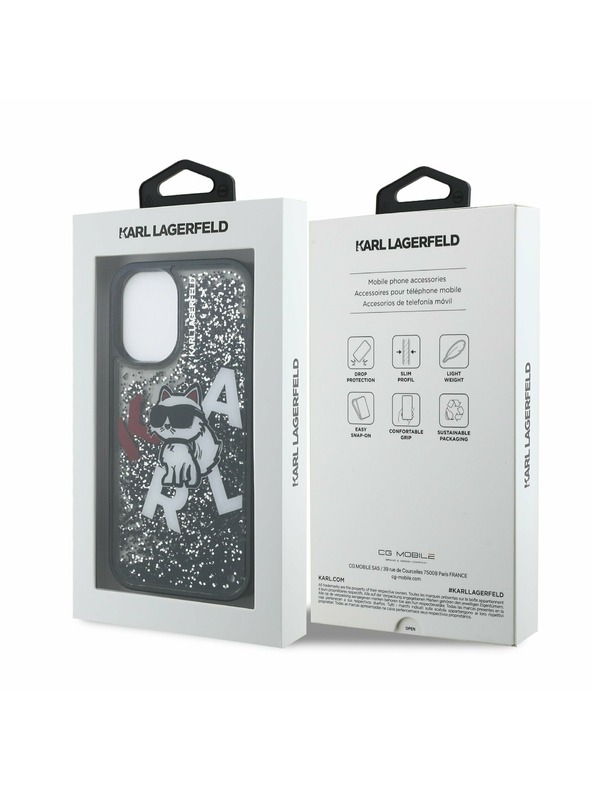 Karl Lagerfeld Carcasă spate Karl Lagerfeld Liquid Glitter Scattered Choupette pentru iPhone 16 Negru