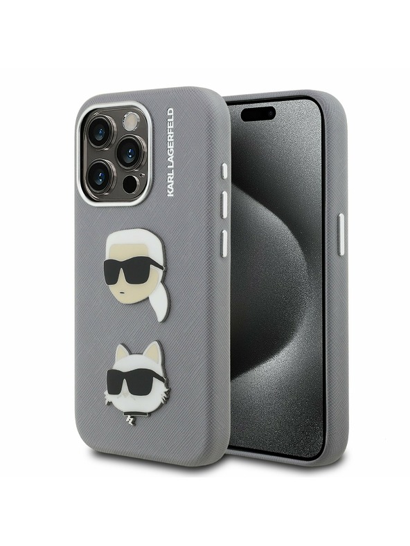 Karl Lagerfeld Karl Lagerfeld Grained PU K&CH Heads Carcasă spate pentru iPhone 15 Pro Gri