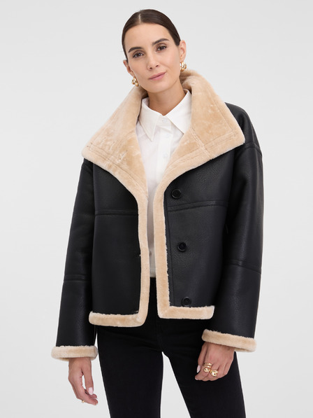 Orsay Geacă din piele cu blană neagră pentru femei ORSAY