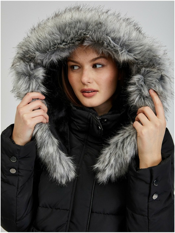 Orsay Palton de iarnă de damă neagră din puf cu glugă și blană artificiala ORSAY