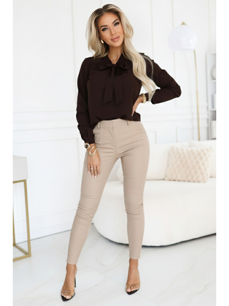 numoco Bluză office cu mânecă lungă și legătură în față - ciocolată