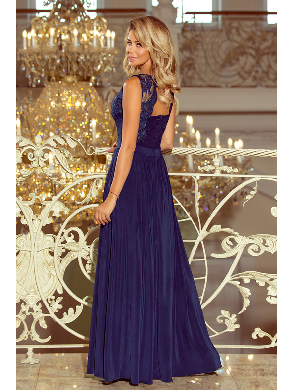 numoco LEA rochie lungă cu decolteu brodat - albastru închis