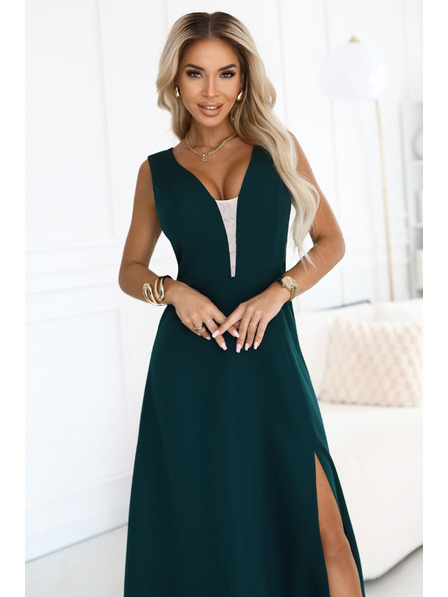 numoco Rochie maxi la modă, care avantajează silueta, cu despicătură pe picior - verde sticla