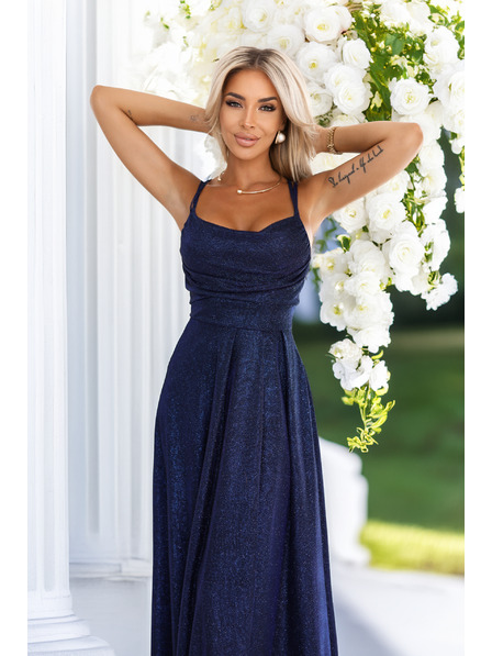 numoco Rochie lungă cu sclipici fin și șiret tip corset pe spate - albastru închis cu sclipici