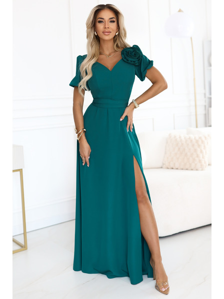 numoco Rochie lungă elegantă de seară cu floare, centură și șliț înalt - verde sticlă