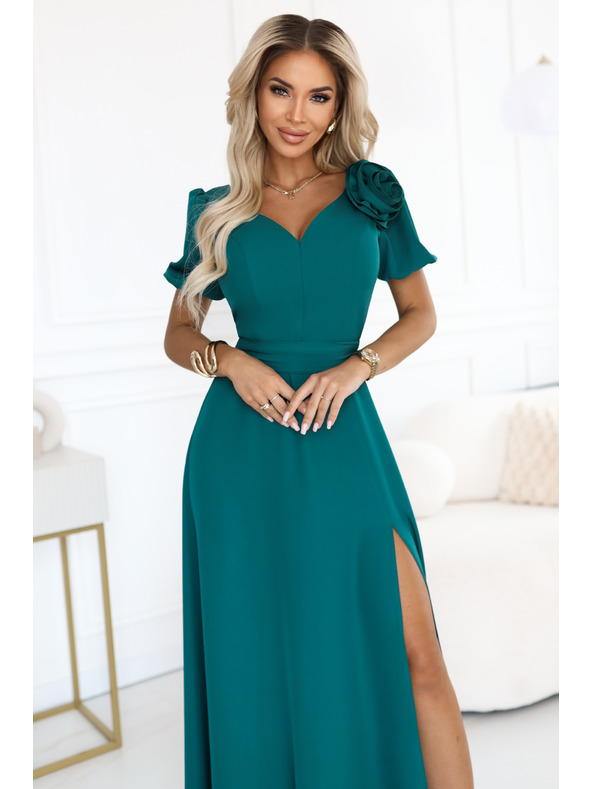 numoco Rochie lungă elegantă de seară cu floare, centură și șliț înalt - verde sticlă