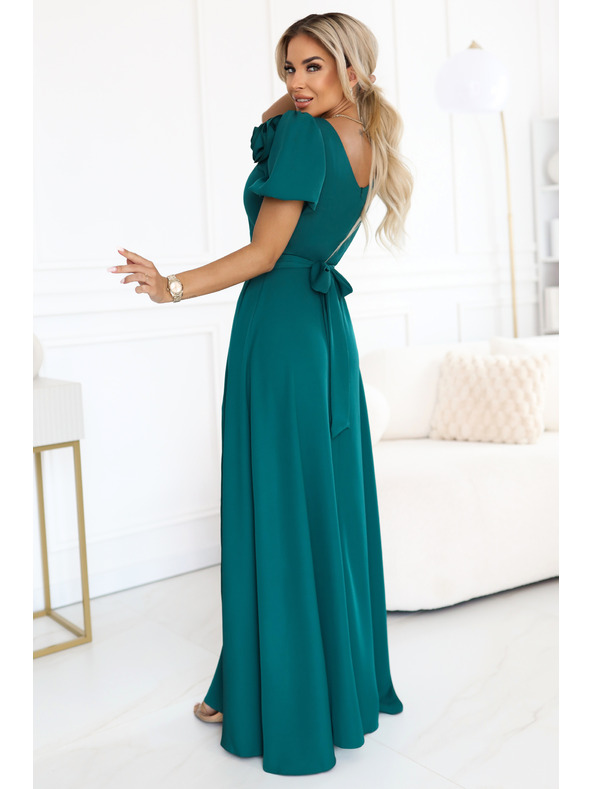 numoco Rochie lungă elegantă de seară cu floare, centură și șliț înalt - verde sticlă