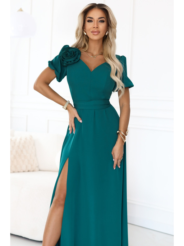 numoco Rochie lungă elegantă de seară cu floare, centură și șliț înalt - verde sticlă