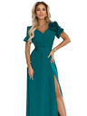 numoco Rochie lungă elegantă de seară cu floare, centură și șliț înalt - verde sticlă