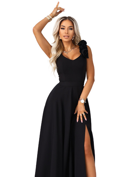 numoco Rochie de seară maxi elegantă cu șliț și trandafiri - negru clasic