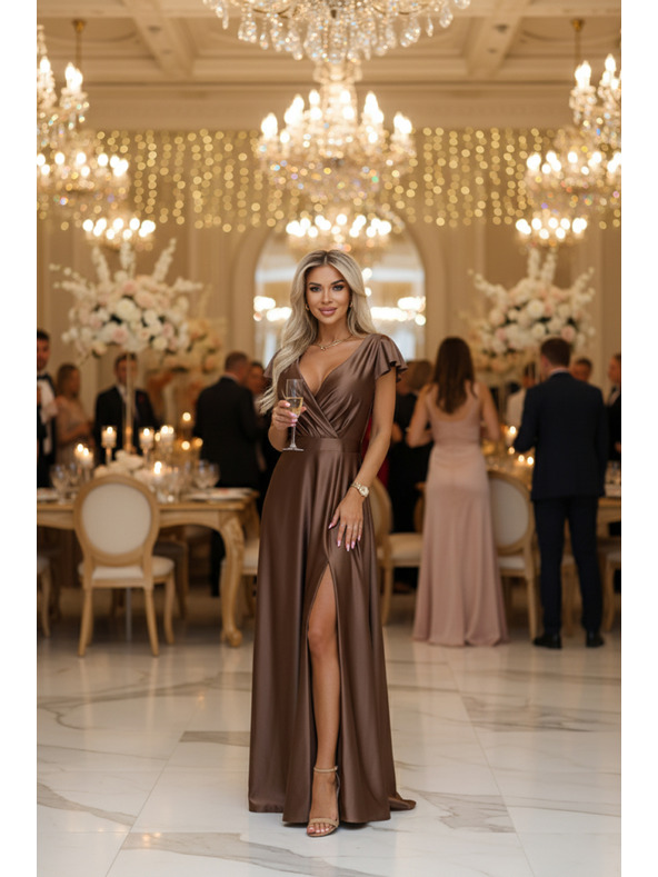 numoco CRYSTAL rochie lungă din satin cu decolteu - mousse de ciocolată