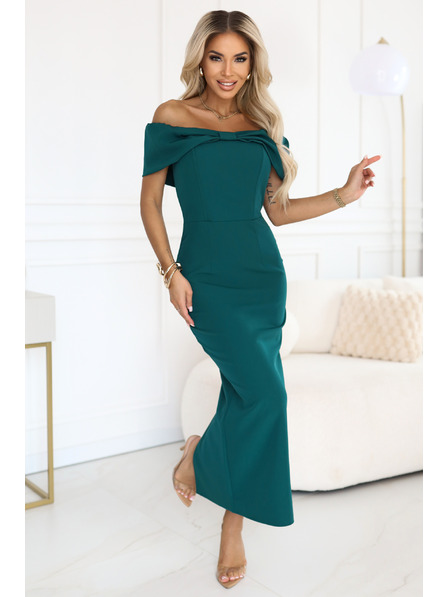 numoco Rochie midi senzuală cu fundă la decolteu - verde sticlă