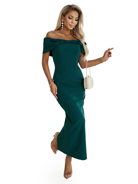 numoco Rochie midi senzuală cu fundă la decolteu - verde sticlă