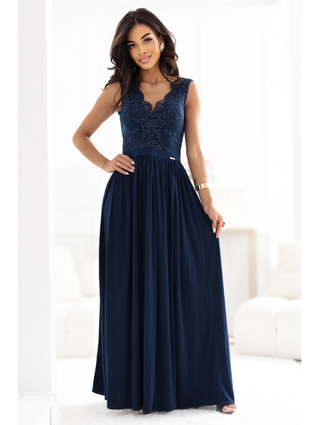 numoco LEA Rochie lungă elegantă maxi cu parte din dantelă și despicătură pe picior - albastru închis