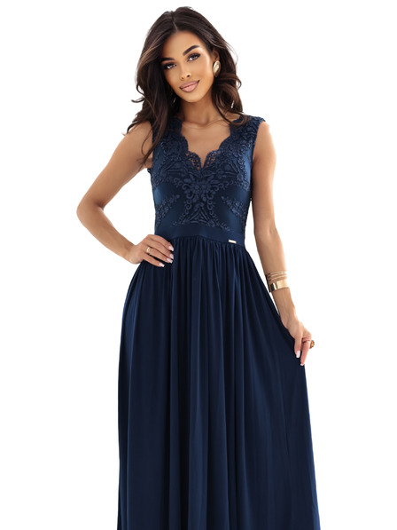 numoco LEA Rochie lungă elegantă maxi cu parte din dantelă și despicătură pe picior - albastru închis