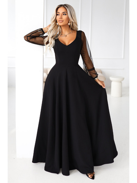 numoco LORETTA rochie lungă unică cu mâneci din tul și decolteu - negre