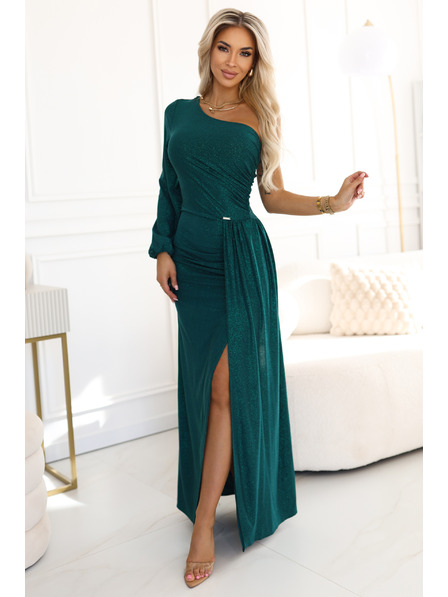 numoco Rochie maxi strălucitoare pe un umăr cu mâneci asimetrice și despicătură - verde sticlă