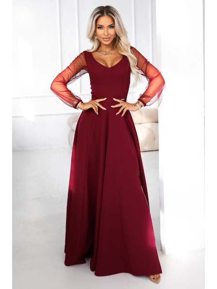 numoco LORETTA rochie lungă unică cu mâneci din tul și decolteu - vișinie