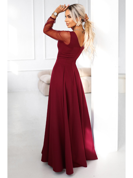 numoco LORETTA rochie lungă unică cu mâneci din tul și decolteu - vișinie