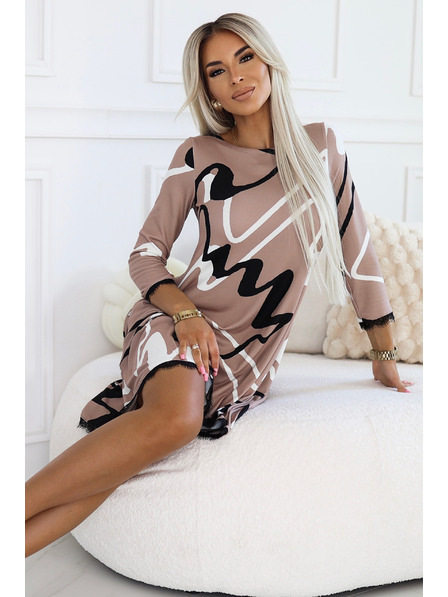 numoco Rochie tip pulover trapezoidală cu dantelă - bej cu model alb-negru