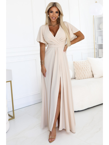 numoco JENNIFER rochie lungă cu despicătură pe picior, mâneci și decolteu - bej