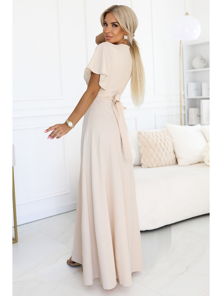 numoco JENNIFER rochie lungă cu despicătură pe picior, mâneci și decolteu - bej