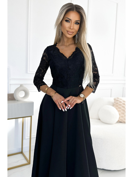 numoco AMBER rochie lungă din dantelă, elegantă, cu decolteu și despicătură pe picior - neagră