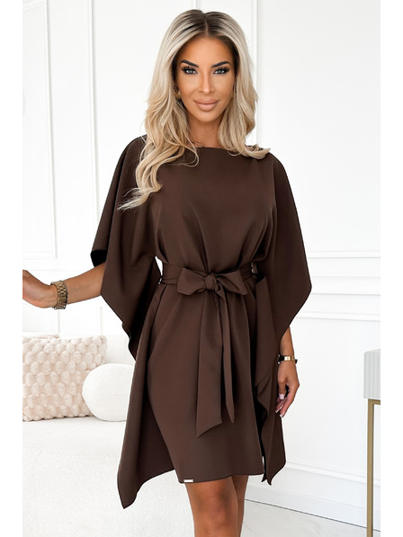 numoco SOFIA Rochie fluture cu legare în talie - ciocolată
