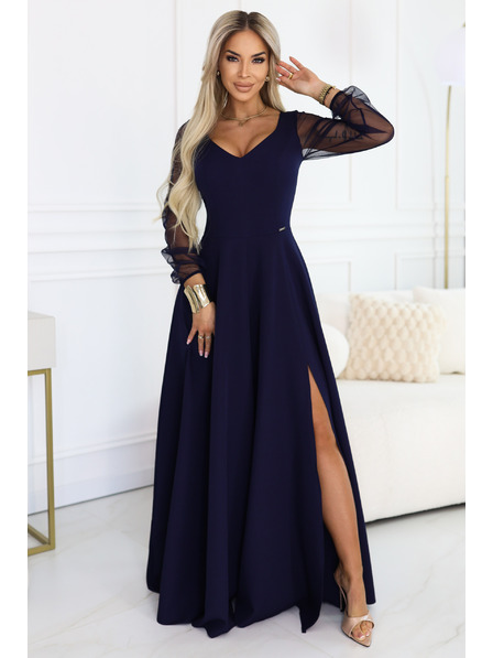 numoco LORETTA rochie lungi unice cu mâneci din tul și decolteu - albastru bleumarin