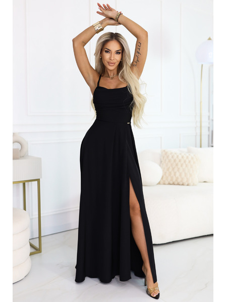 numoco Rochie maxi cu bretele, cu corset pe spate și despicătură - negre