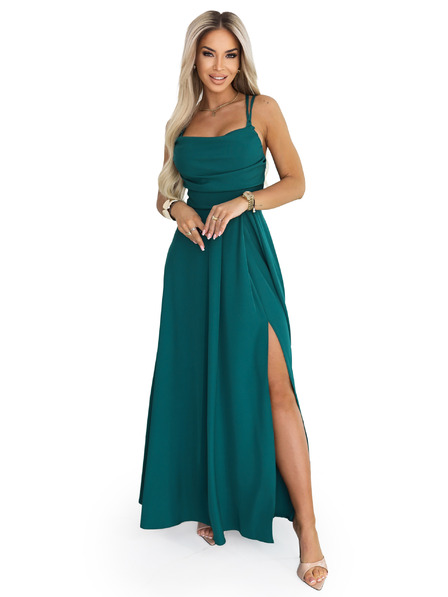 numoco Rochie maxi cu bretele cu șnuruire tip corset la spate și despicătură - verde sticle
