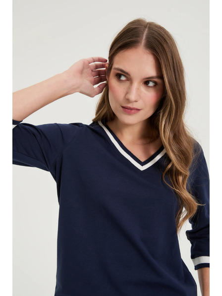 Moodo Bluză din bumbac cu decolteu în V albastru marin Moodo