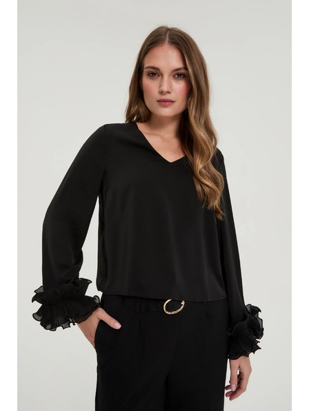 Moodo Cămașă neagră cu volănașe pe mâneci Moodo