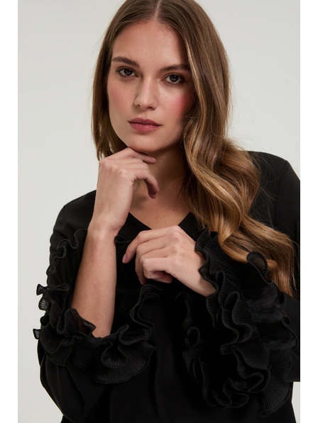 Moodo Cămașă neagră cu volănașe pe mâneci Moodo