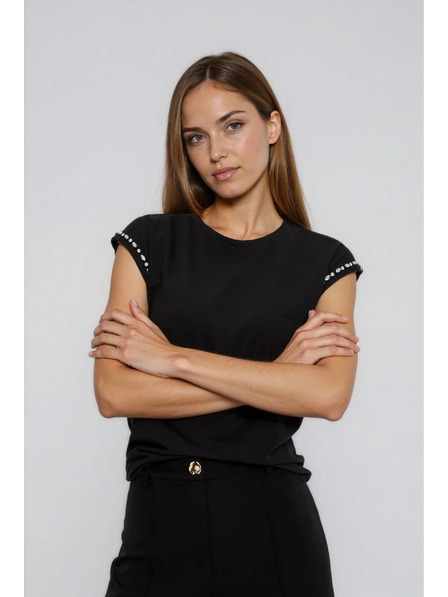 Moodo Bluză din bumbac cu mâneci decorate, neagră Moodo