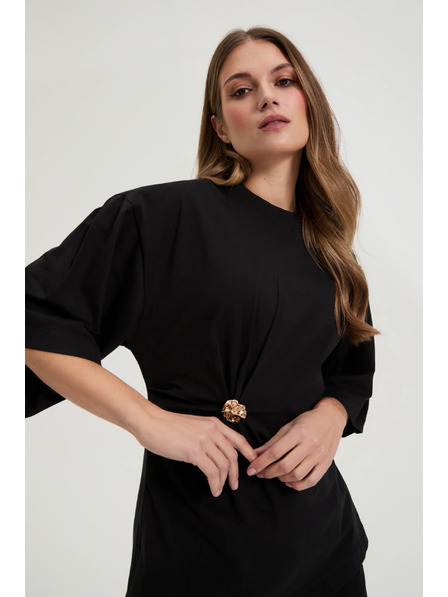 Moodo Bluză din bumbac cu nasture decorativ neagră Moodo