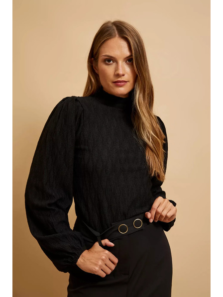 Moodo Bluză neagră cu guler polo și mâneci bufante Moodo